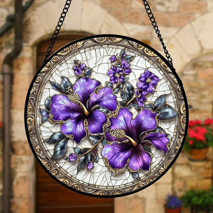 Stained Glass Window Hanging, Purple Flowers Romantic Suncatcher for Doors Home Sun Catchers