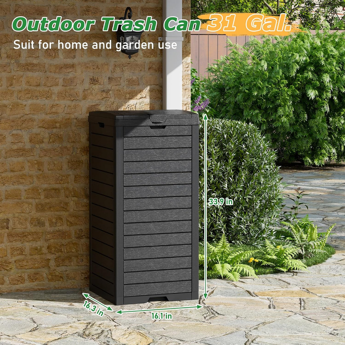 31 Gallon Outdoor Trash Can, Waterproof Resin Garbage Can with Lid and Drip Tray Easy Cleaning