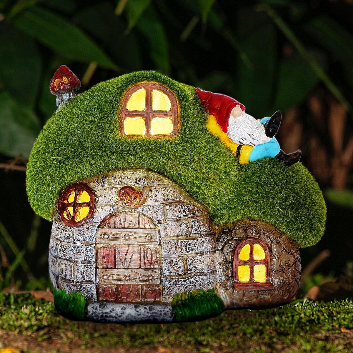 ILLUMINEW House Garden Statues with Solar Lights, LED Cute Flocked Fairy House with Gnomes Garden