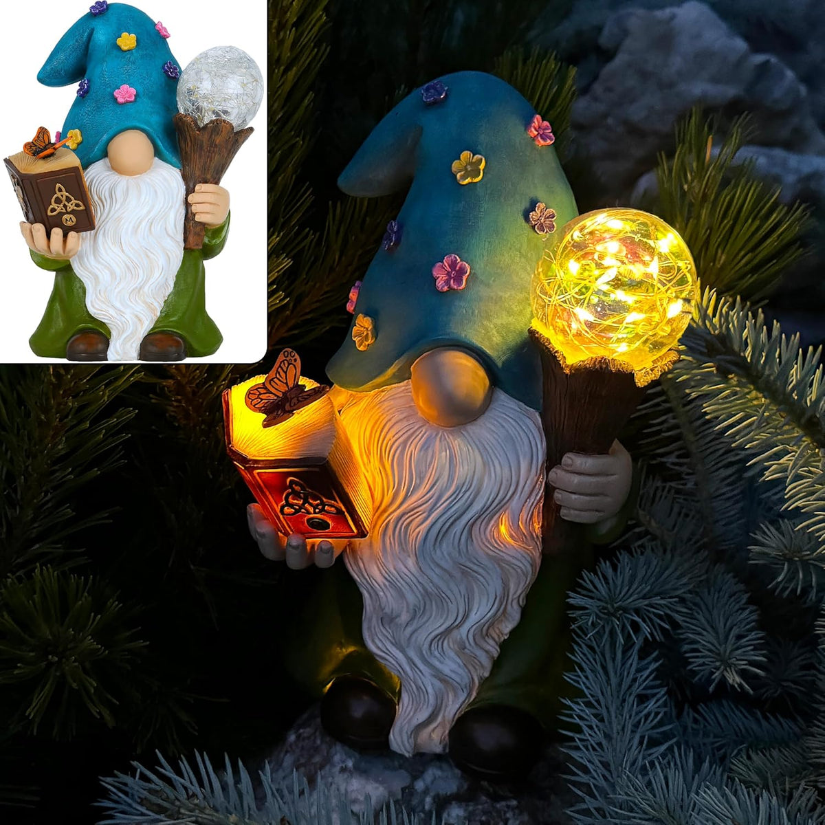 Garden Gnome - Solar Magician Gnome Figurine - 9.45 Inch Tall Decor Outdoor Lawn Statue with LED