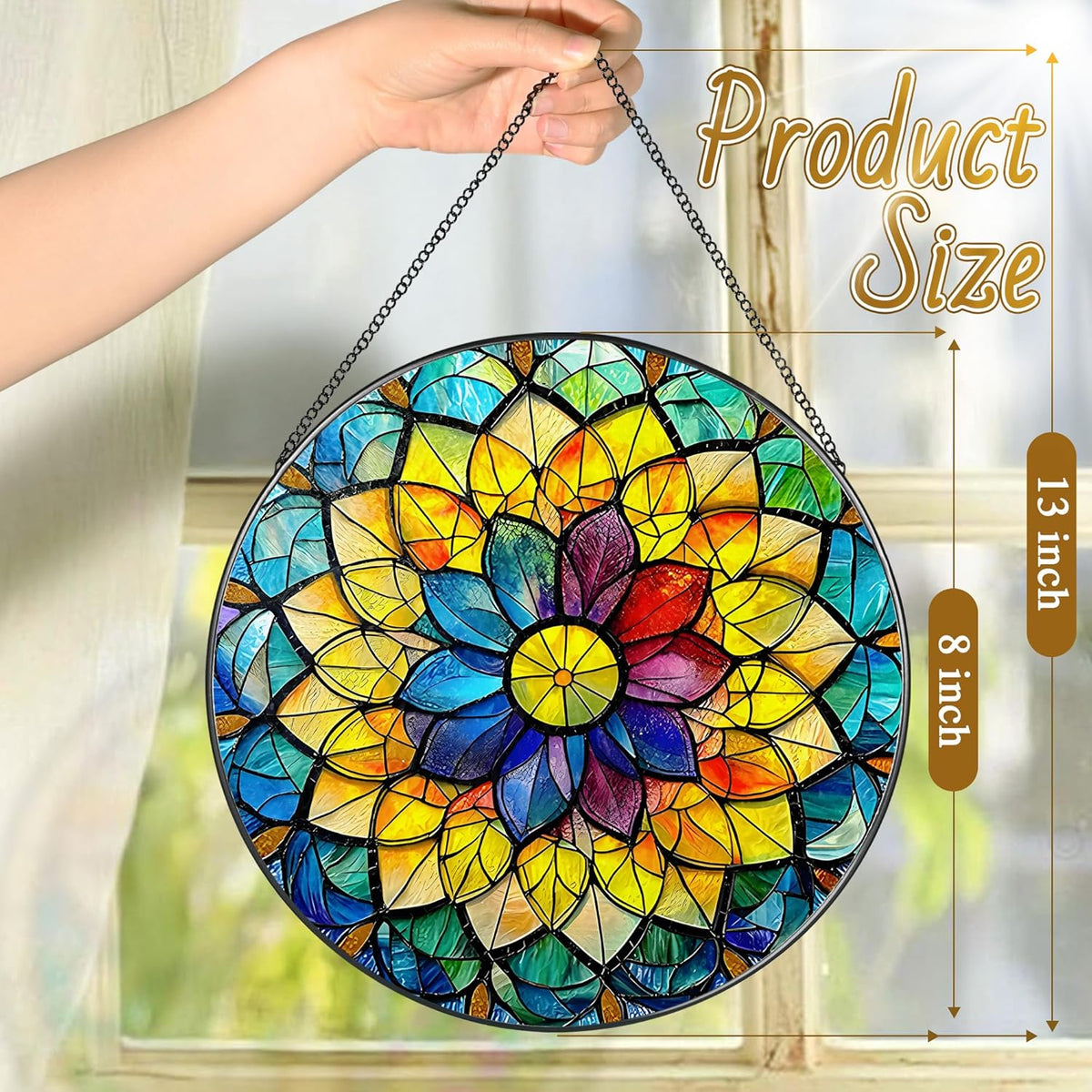 8'' Rainbow Mandala Sun Catcher Ornament, Stained Glass Window Hanging, Sun Catchers for Windows