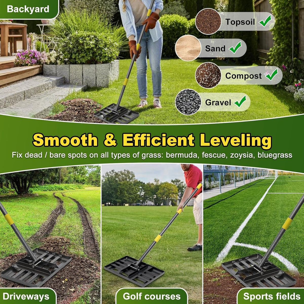 Lawn Leveling Rake, Heavy Duty 17" x 10" Stainless Steel Lawn Leveler for Soil Dirt Leveling