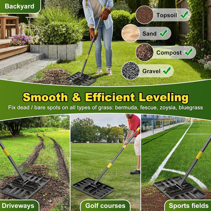 Lawn Leveling Rake, Heavy Duty 17" x 10" Stainless Steel Lawn Leveler for Soil Dirt Leveling