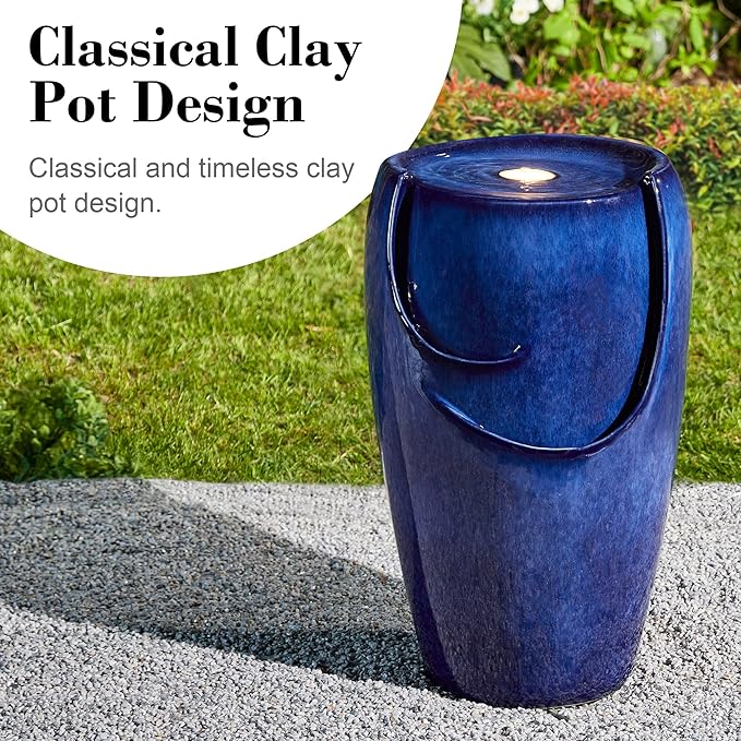 Glitzhome Ceramic Vase Outdoor Water Fountain Tall Patio Garden Water Fountain with LED Light and