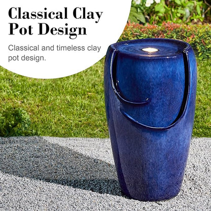 Glitzhome Ceramic Vase Outdoor Water Fountain Tall Patio Garden Water Fountain with LED Light and