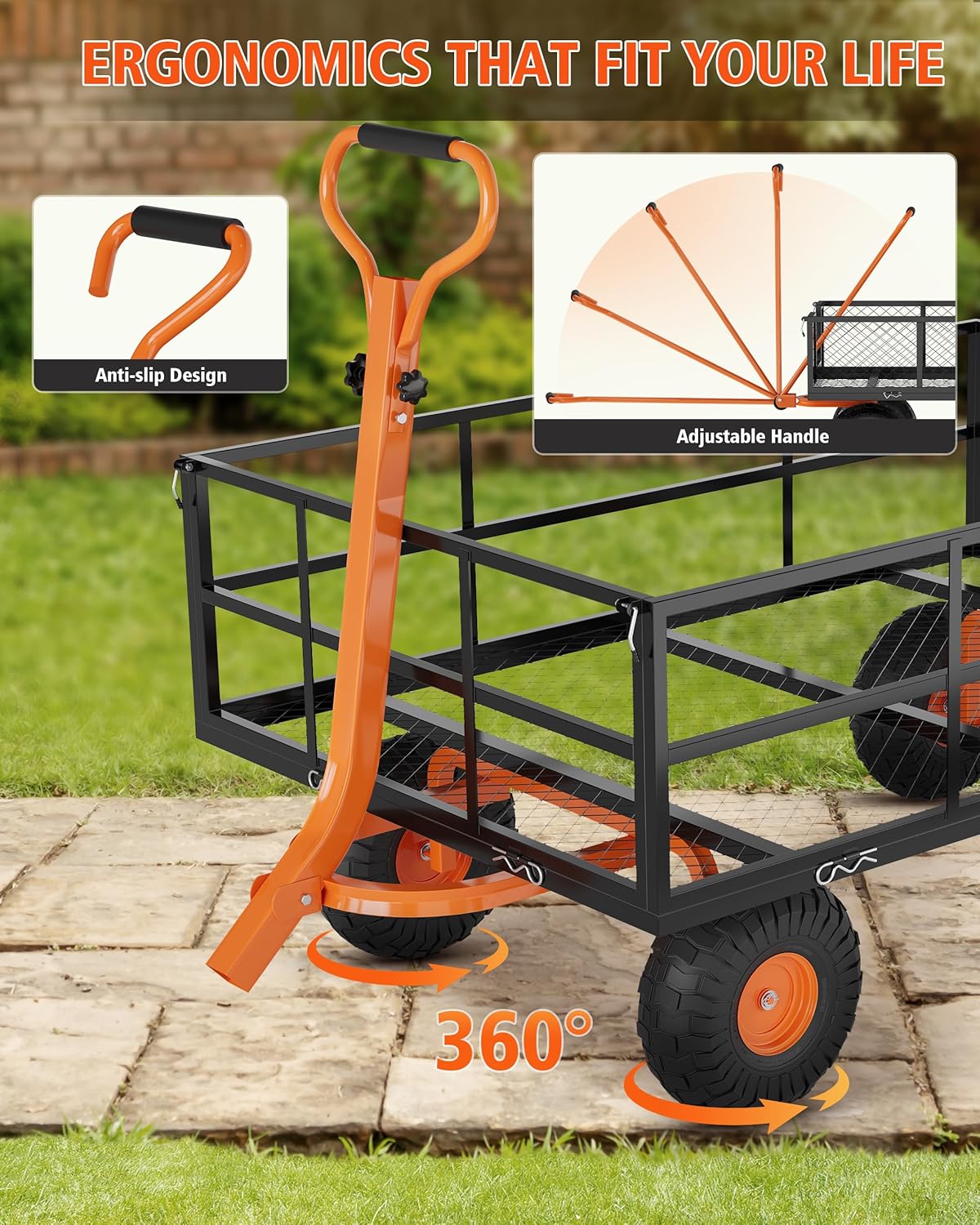 Versatile Garden Cart for Lawn and Yard with Heavy Duty Steel, 1200 Lbs Capacity Mesh Steel Garden