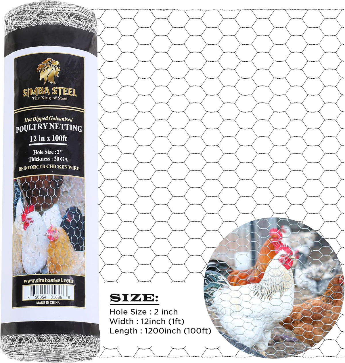 Chicken Wire 12 in x 100 FT x 2” Mesh x 20GA | Poultry Wire Netting | Hot Dipped Galvanised |