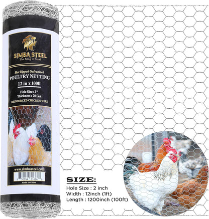 Chicken Wire 12 in x 100 FT x 2” Mesh x 20GA | Poultry Wire Netting | Hot Dipped Galvanised |