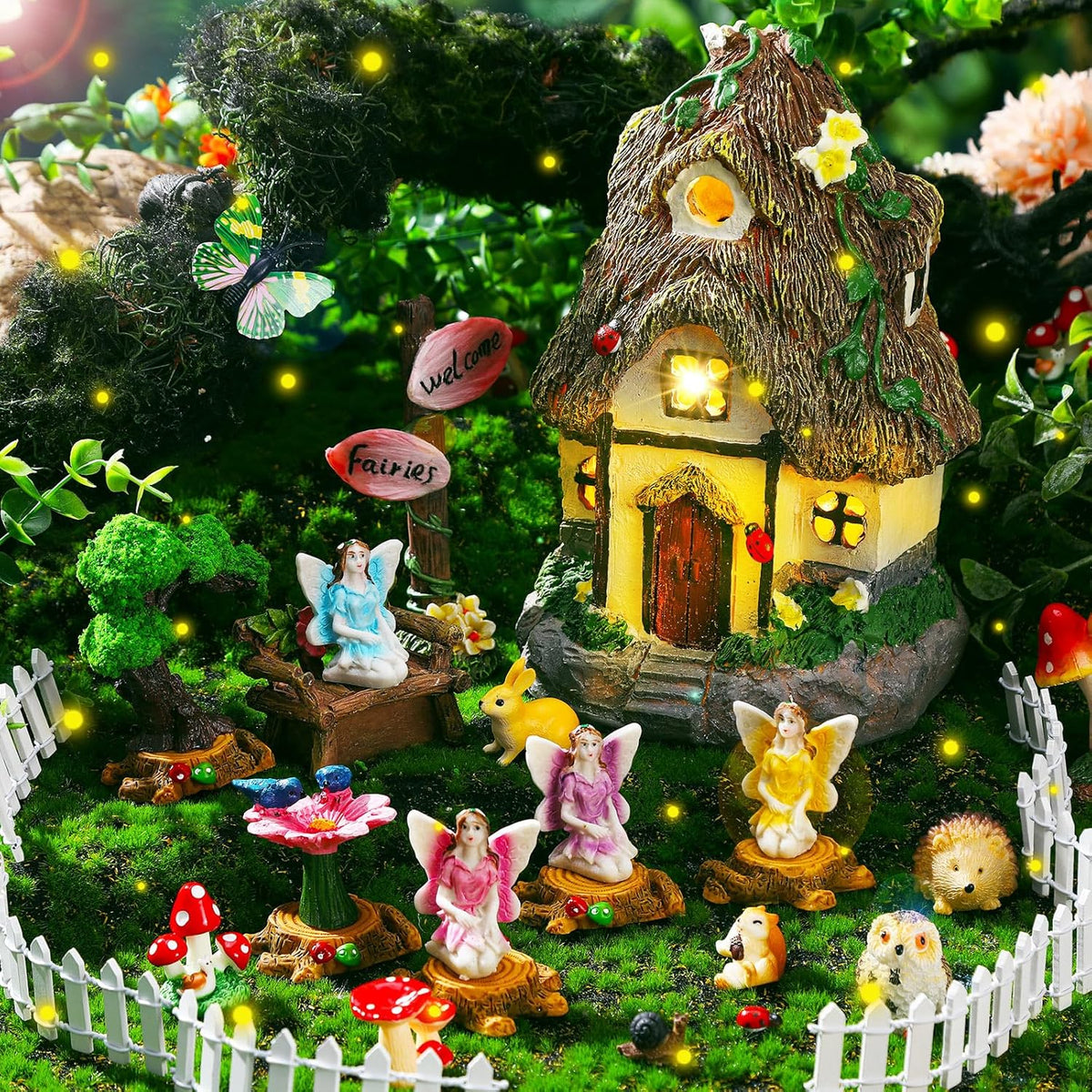 Leyndo 28 Pcs Solar House Garden Accessories Fairy Light up Fairy Figures Garden Kit Resin