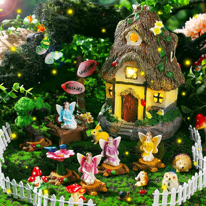 Leyndo 28 Pcs Solar House Garden Accessories Fairy Light up Fairy Figures Garden Kit Resin
