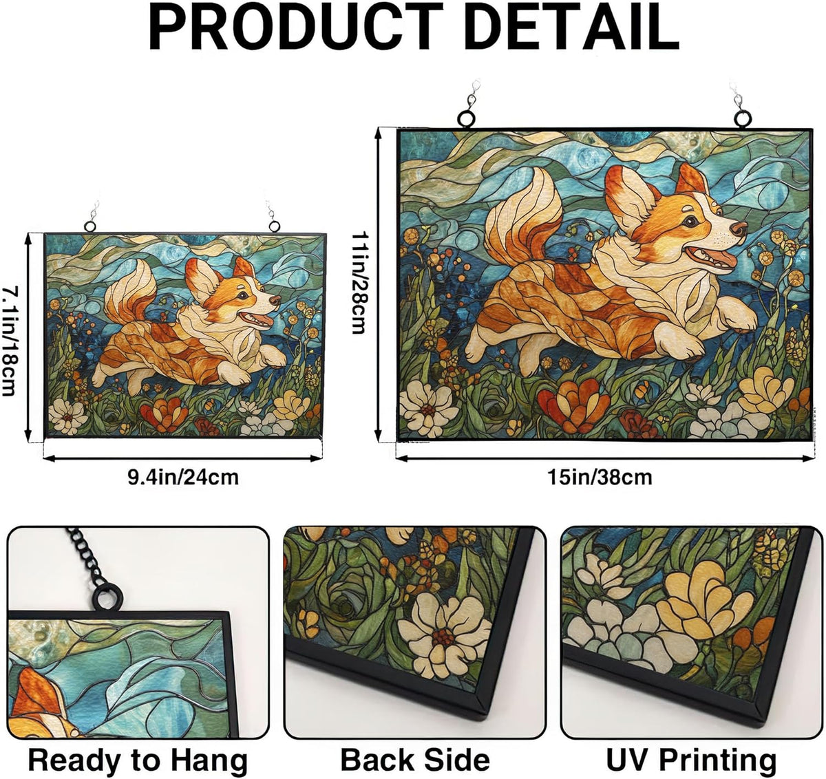 Customized Rectangle Art Nouveau Meadow Corgi Stained Glass Window Hanging Suncatcher Stained Glass