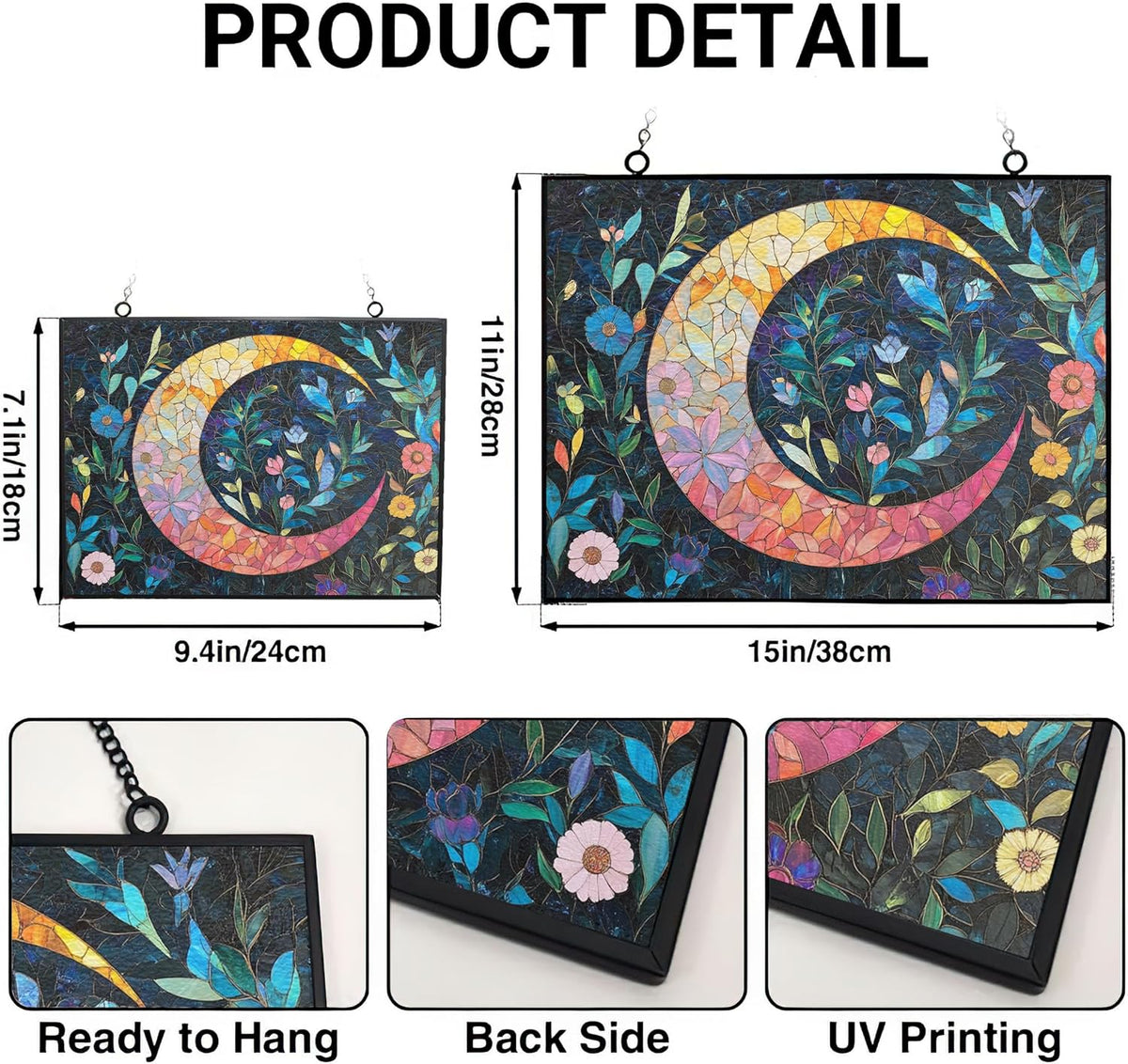 Personalized Rectangle Boho Crescent Moon Florals Stained Glass Window Hanging, Stained Glass