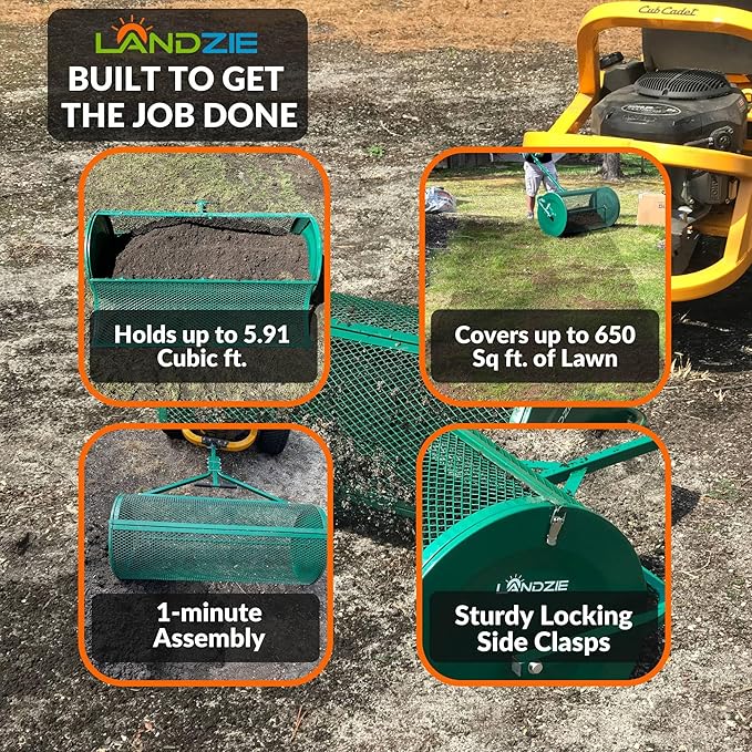 LANDZIE Lawn & Garden Spreaders - 36 Inch Heavy Duty Metal Mesh Basket Push/Tow Spreader - Compost