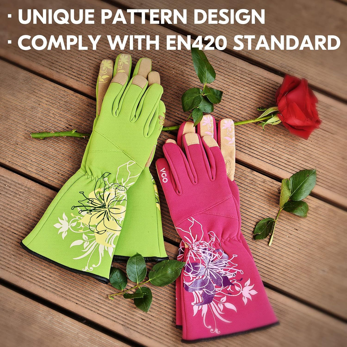 Vgo... 1-Pair Ladies' Synthetic Leather Gardening Gloves, Long Sleeves Gauntlet, Breathable & Grip