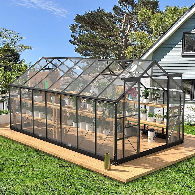 Greenhouses for Outdoors, 8x14.2 FT Polycarbonate Greenhouses with Adjustable Roof Vent, Windproof