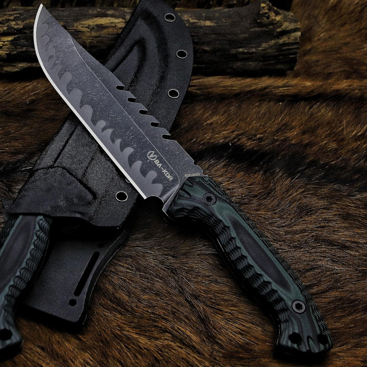 BA-KOR 12.4in Full Tang Fixed Blade Hunting Knife – 6mm 9CR18MoV Steel, G10 Handle, Stonewashed