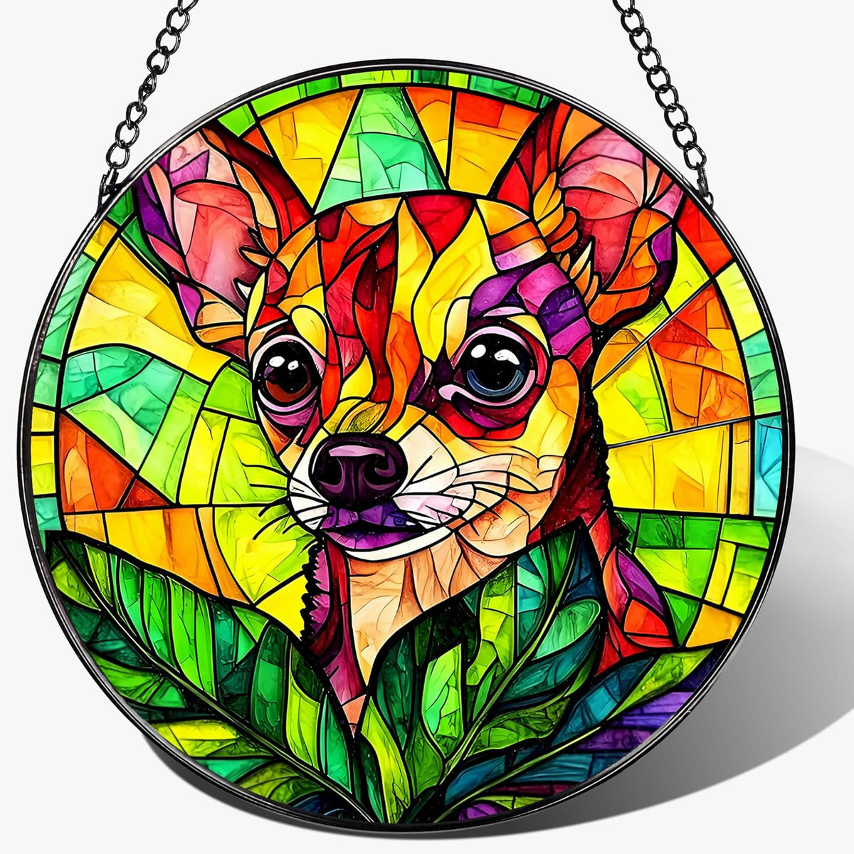 8″ Stained Glass Window Hanging Ornament, Vibrant Chihuahua Stained Glass Suncatcher Ornament