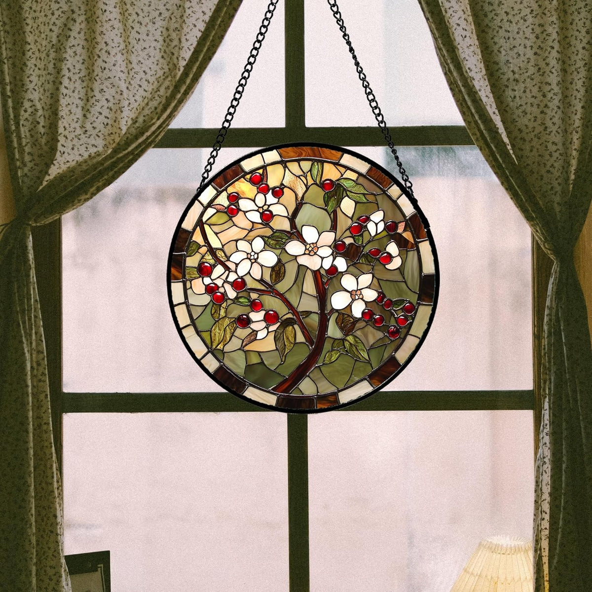 CRIS GIF Stained Glass Window Hanging - Hawthorn Tree Birth Flowers Suncatcher for Doors Garden