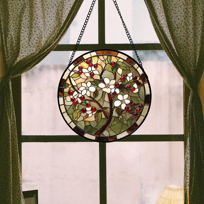 CRIS GIF Stained Glass Window Hanging - Hawthorn Tree Birth Flowers Suncatcher for Doors Garden