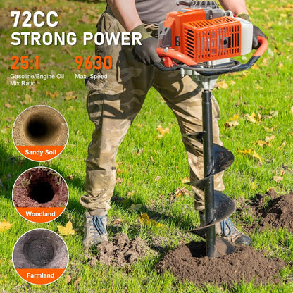 72CC Newly Upgraded Post Hole Digger Gas Powered, 2 Stroke Auger Post Hole Digger with 3 Drill Bits