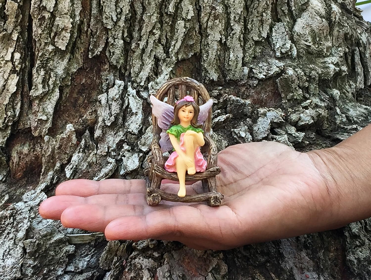 GlitZGlam Miniature Fairy Garden Furniture 3-Piece: Rustic Wood Bench, Rocking Chair and Miniature