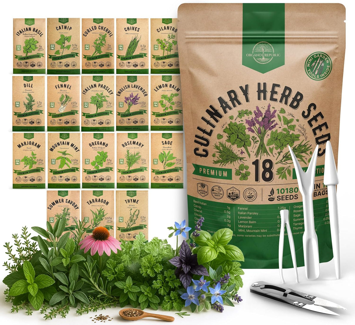 Organo Republic 18 Culinary Herbs Seeds Variety Pack - 10,180+ Heirloom, Non-GMO, Herbs Seeds for