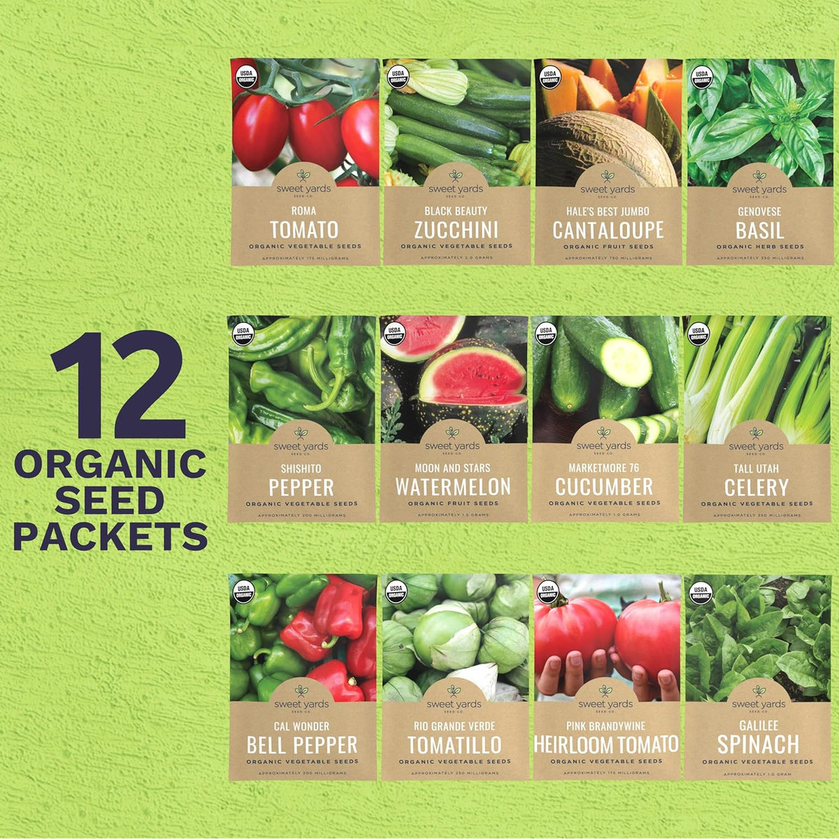Organic Summer Seeds Variety Pack - 12 Individual Packs - 2025 Season - Basil, Tomatoes, Cucumber