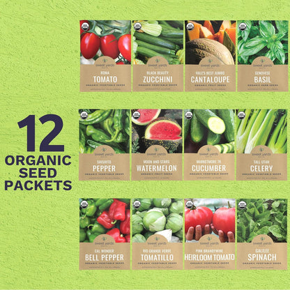 Organic Summer Seeds Variety Pack - 12 Individual Packs - 2025 Season - Basil, Tomatoes, Cucumber