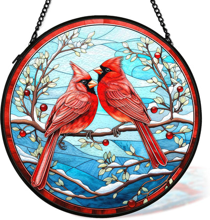Cardinal Suncatcher Stained Glass Window Hanging Decor, Winter Christmas Cardinal Stained Glass
