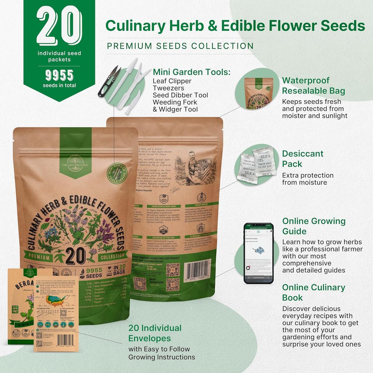 20 Culinary Herbs & Edible Flower Seed Variety Pack for Planting Indoor & Outdoors. 9500+ Non-GMO