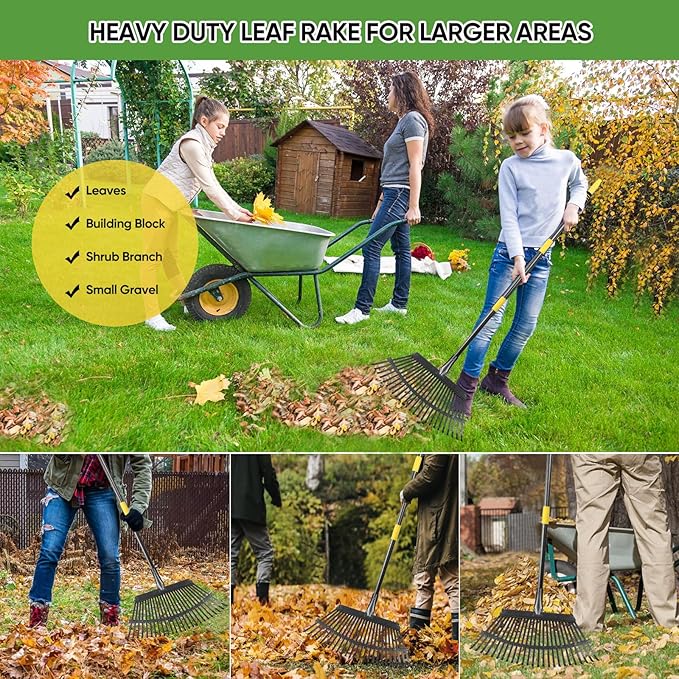 Garden Leaf Rakes, 6FT Rake for Lawns Heavy Duty 25 Metal Tines 18.5 inch Wide, Adjustable Steel