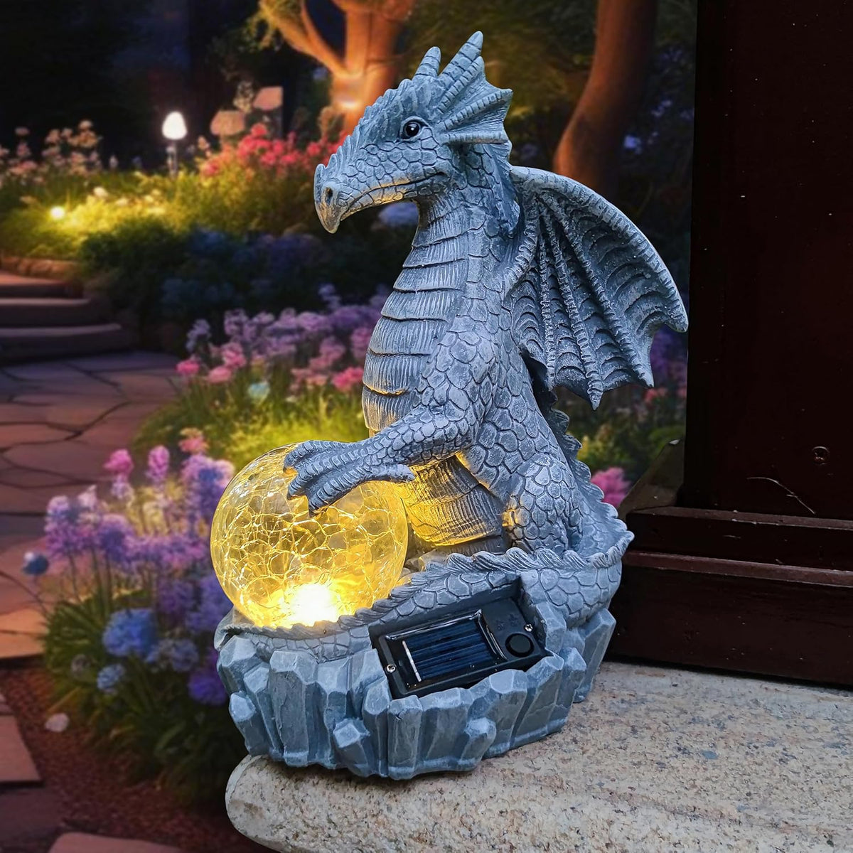 Dragon Solar Garden Statues Outdoor Decoration with Magic Orb,Dragon Figurine Solar LED Lights Lawn