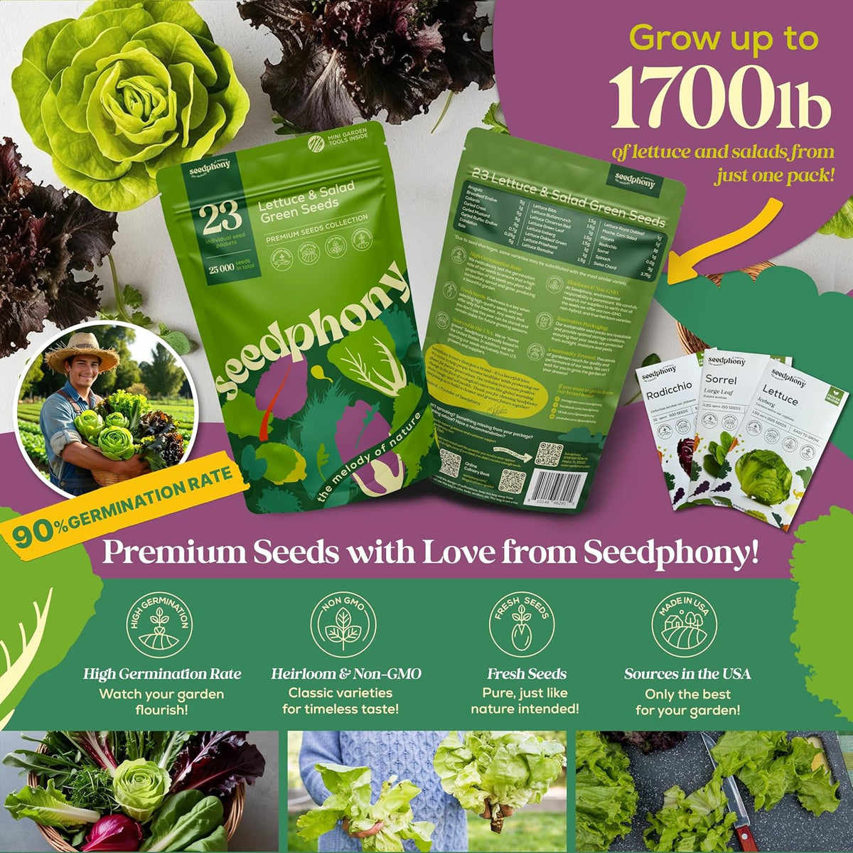23 Lettuce & Salad Greens Seeds Variety Pack - 25,000+ Non-GMO Heirloom Greens Seeds for Planting