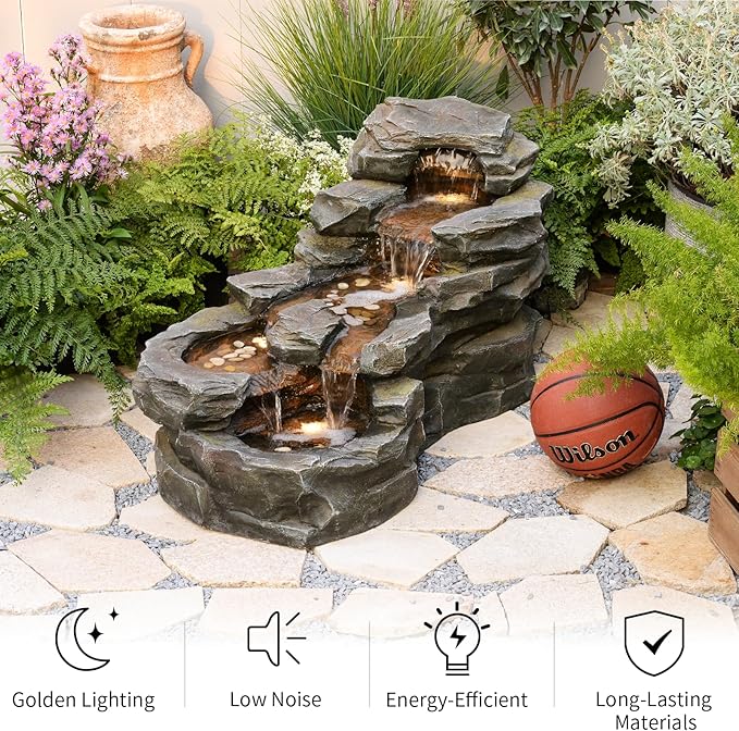 37" L Garden Outdoor Water Fountain, Floor Standing 5-Tiers Rock Natural Waterfall Outdoor