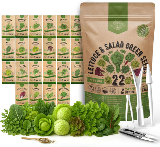 Organo Republic 22 Lettuce & Salad Greens Seeds Variety Pack 24,700+ Non-GMO Heirloom Lettuce Seeds