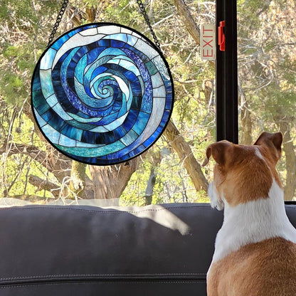 Stained Glass Window Hanging - Blue Abstract Swirl Suncatcher for Doors Garden Patio Unique Sun