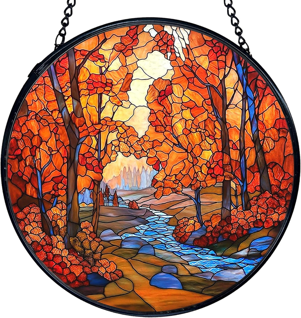 TNUW Fall Autumn Stained Glass Window Hanging, Rustic Autumn Forest Landscape Sun Catchers Indoor