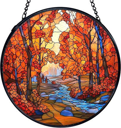 TNUW Fall Autumn Stained Glass Window Hanging, Rustic Autumn Forest Landscape Sun Catchers Indoor