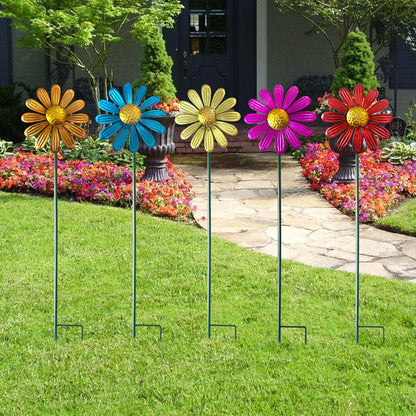 5pcs Wind Spinners Metal Colorful Flowers Garden Stake, Small Daisy Pinwheels, 27" Windmill for
