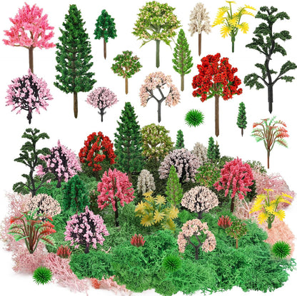 36 Pcs Mixed Model Trees with 40g Moss Pink and Green, Diorama Trees Grass Mini Fake Miniature