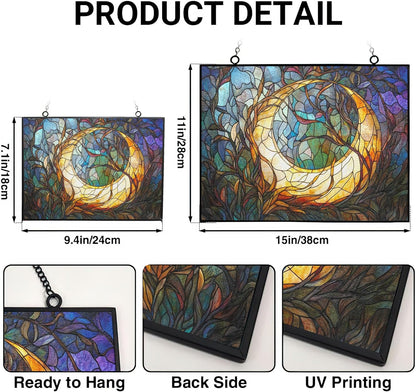 Personalized Rectangle Art Nouveau Vine Moon Suncatcher Stained Glass Stained Glass Window Hanging
