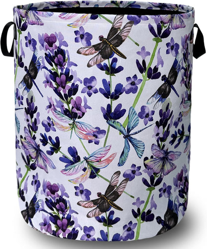 Dragonfly Laundry Basket Foldable With Handles Purple Floral Tote Bag Oxford Cloth Colorful Laundry