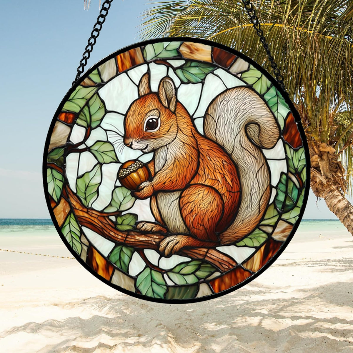 Stained Glass Window Hanging, Squirrel on a Branch Suncatcher Diamond Glass Panel Animal Sun