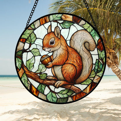 Stained Glass Window Hanging, Squirrel on a Branch Suncatcher Diamond Glass Panel Animal Sun