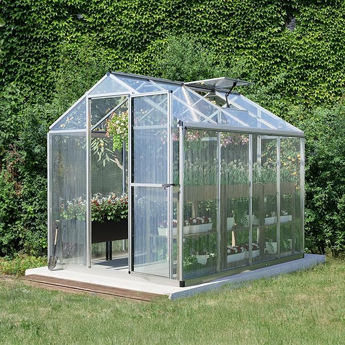 Aoodor 6 x 8 Ft Walk-in Greenhouse with Gutter, Polycarbonate and Heavy-Duty Aluminum Frame