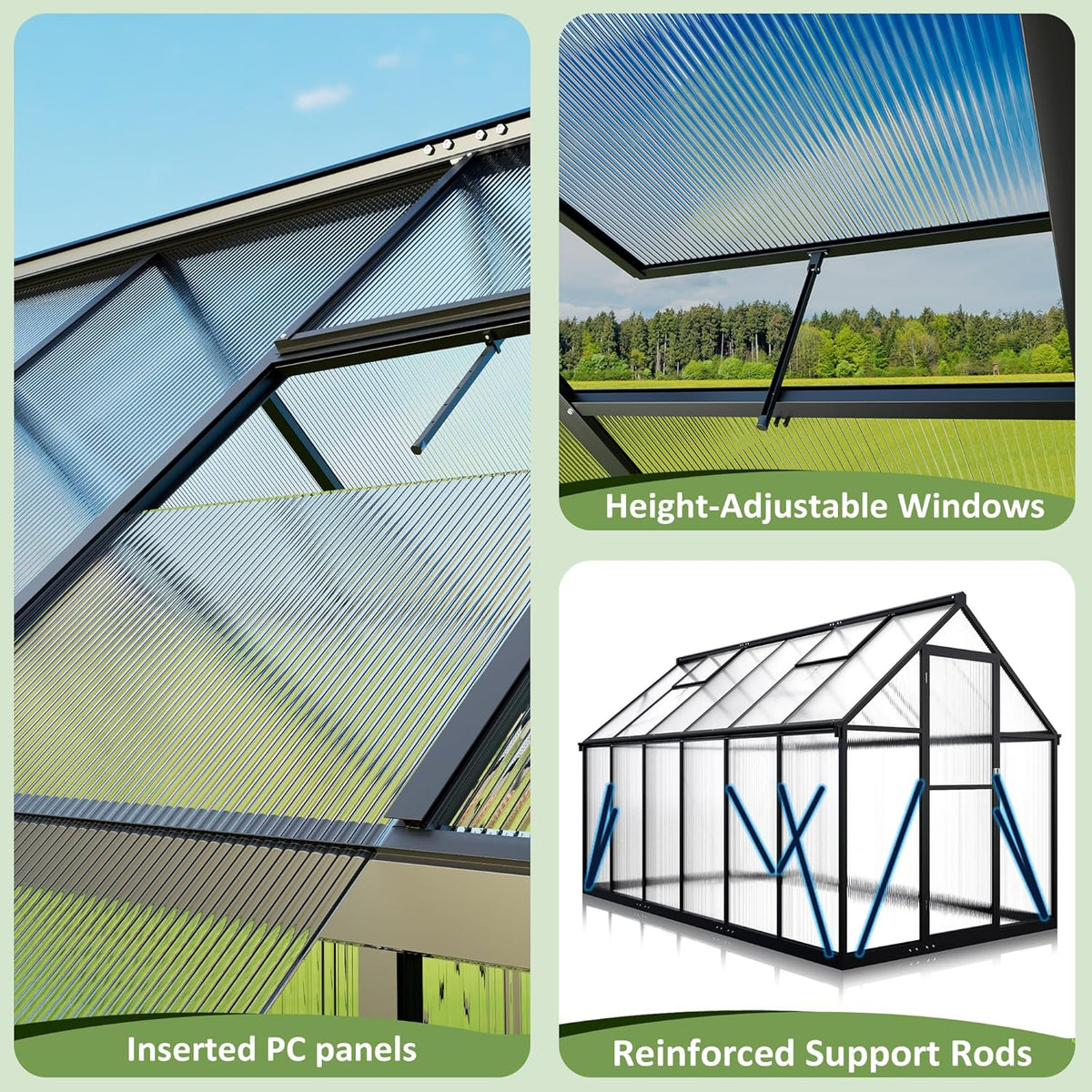 6x11 FTQuick Setup Polycarbonate Greenhouse with Roof Vent, Large Aluminum Walk-in Green House for
