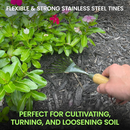 Garden Guru Eco Hand Rake Soil Tiller- 100% Recycled Stainless Steel - Rust Resistant - FSC