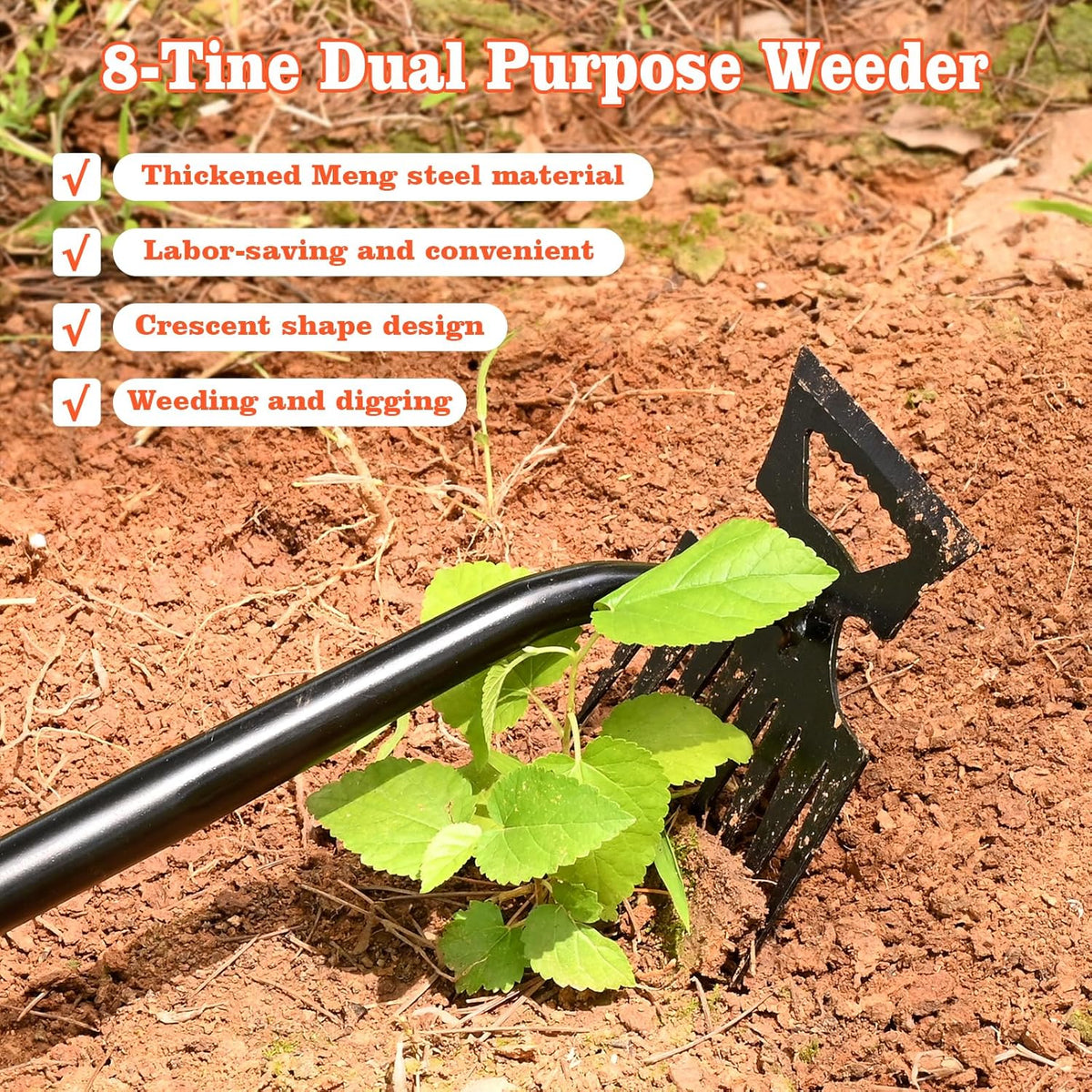 Portable Weed Removal Tool - 8-Prong Manganese Steel with Black Baked Rust-Proof Coating for Garden