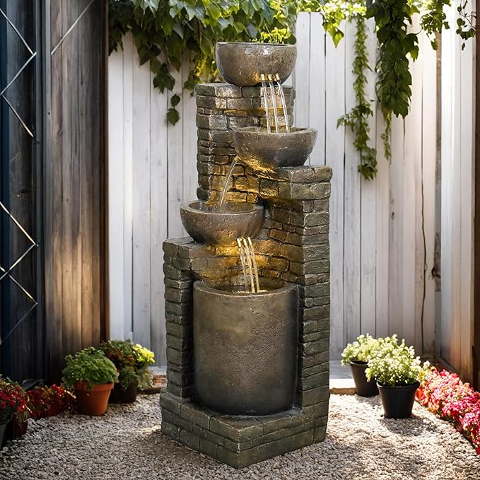 38.2 ''H Cascading Bowls and Stacked Stones with Led Lights Outdoor Water Fountain for Gardens