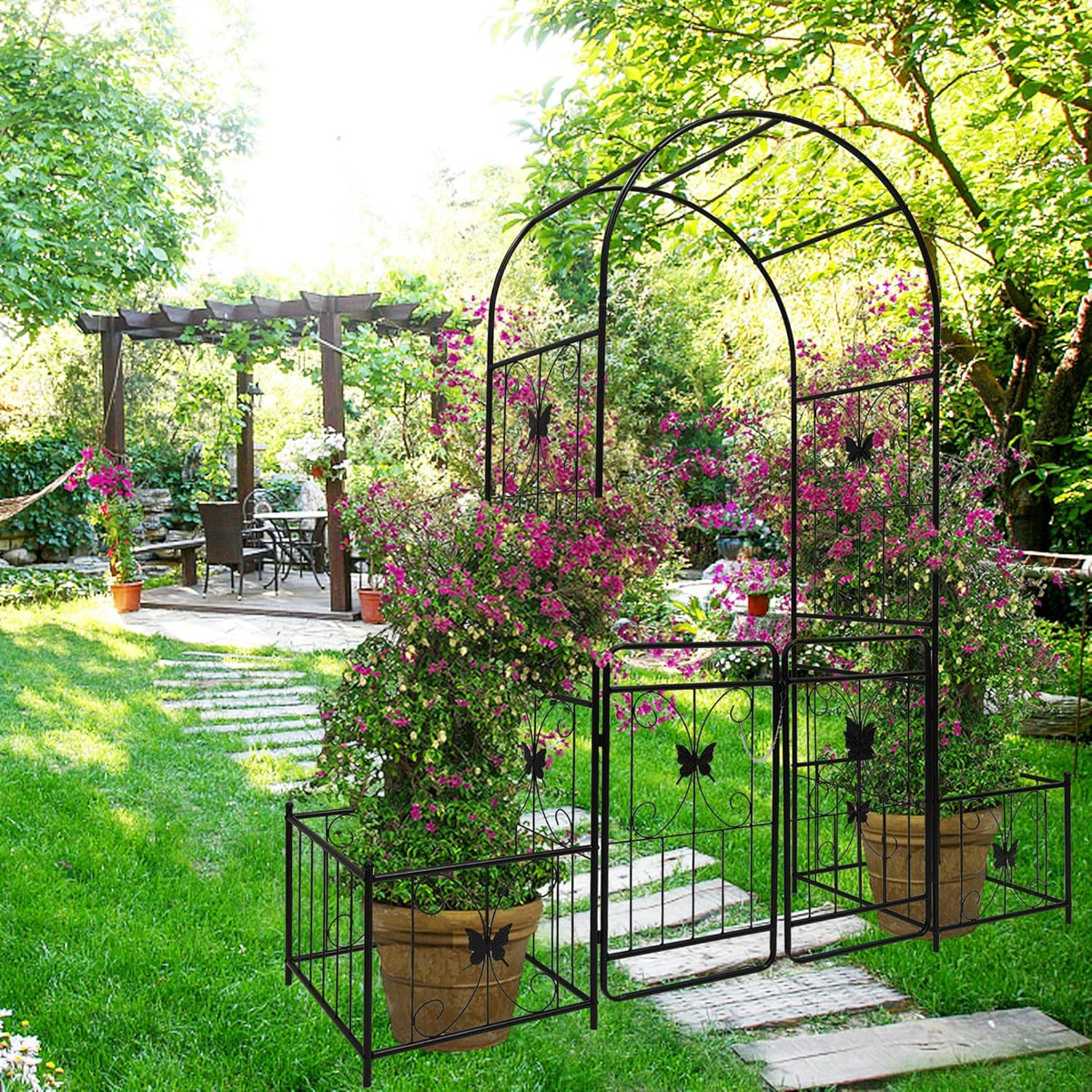 Metal Garden Arch with Gate and 2 Plant Stands, Garden Arch Trellis for Climbing Plants Outdoor